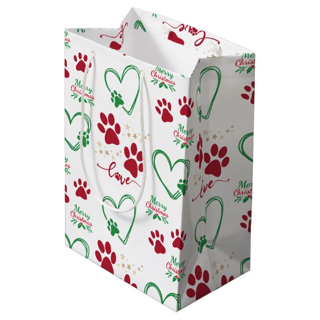 Festive DOG PAW PRINTS and LOVE HEARTS Christmas Medium Gift Bag (Back Angled)