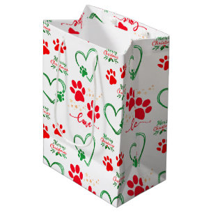 Festive DOG PAW PRINTS and LOVE HEARTS Christmas Medium Gift Bag