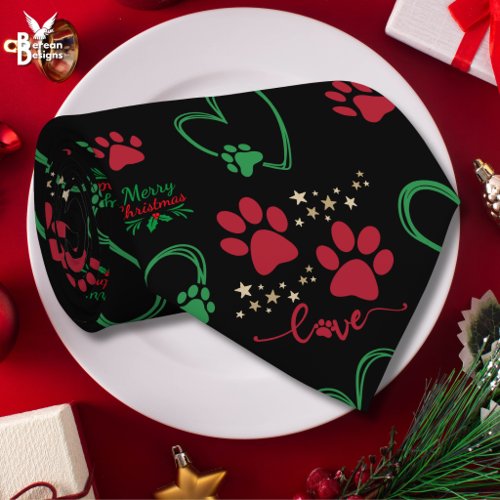 Festive DOG PAW PRINTS and LOVE HEARTS Christmas Neck Tie