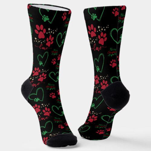 Festive DOG PAW PRINTS and LOVE HEARTS Christmas Socks