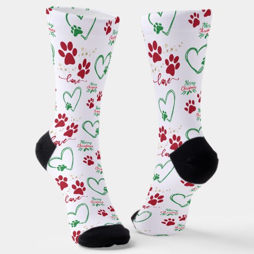 Festive DOG PAW PRINTS and LOVE HEARTS Christmas Socks