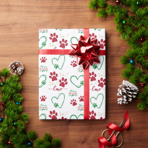 Festive DOG PAW PRINTS and LOVE HEARTS Christmas Wrapping Paper