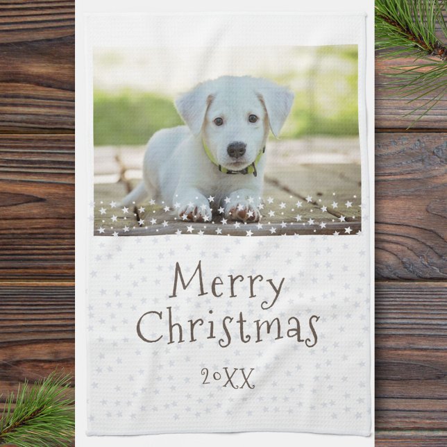 Festive Dog Pet Photo Stars Merry Christmas Kitchen Towel (Creator Uploaded)