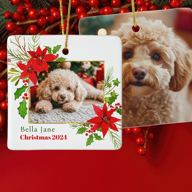 Festive Dog Photo Christmas Red Poinsettia Floral Ceramic Ornament (Creator Uploaded)