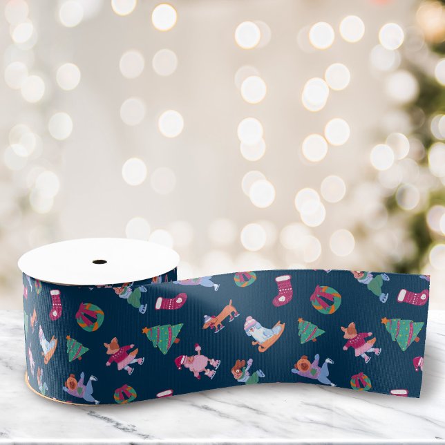Festive Dogs Ice Skating Pattern Dark Blue Grosgrain Ribbon (Creator Uploaded)