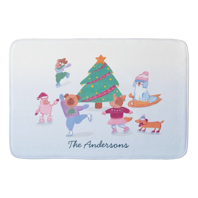 Festive Dogs Ice Skating Soft light Blue Christmas Bath Mat (Front)