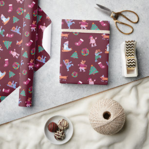 Festive Dogs IceSkating Pattern Dark Red Wrapping Paper