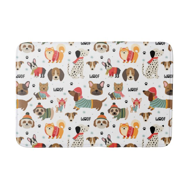 Festive Dogs in Holiday Sweaters Pattern Bath Mat (Front)