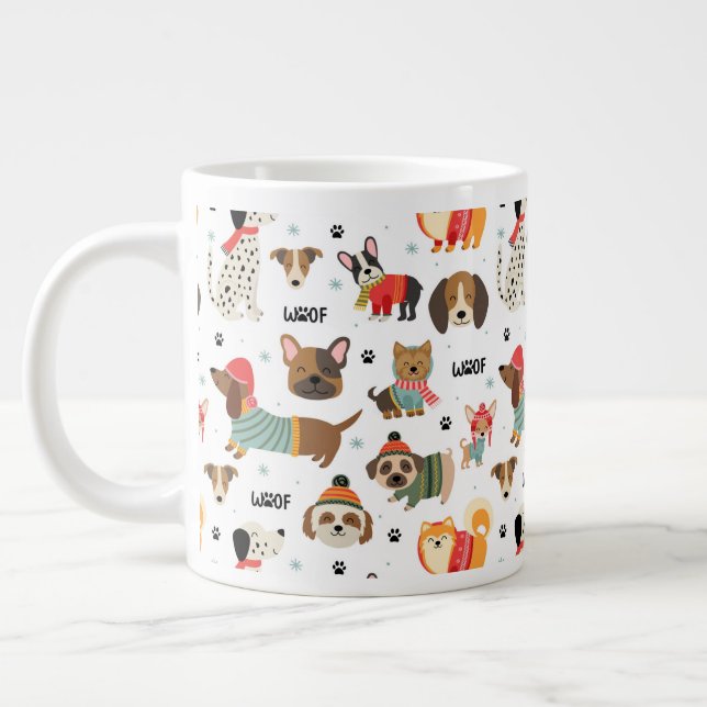 Festive Dogs in Holiday Sweaters Pattern Giant Coffee Mug (Left)