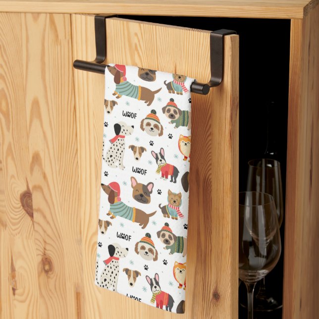 Festive Dogs in Holiday Sweaters Pattern Kitchen Towel (Thirds Fold)