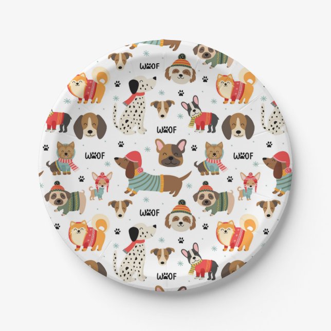 Festive Dogs in Holiday Sweaters Pattern Paper Plates (Front)