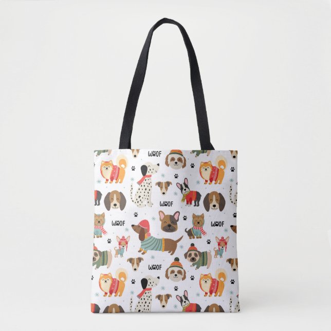 Festive Dogs in Holiday Sweaters Pattern Tote Bag (Front)