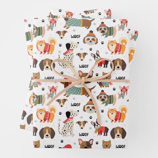 Festive Dogs in Holiday Sweaters Pattern Wrapping Paper Sheets (In situ)