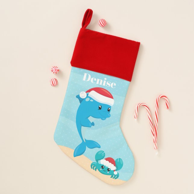 Festive dolphin and crab beach christmas stocking (Front)