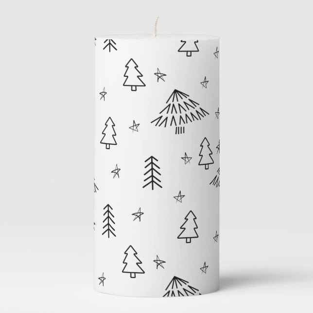 Festive Doodle Christmas Tree Stars Minimalist  Pillar Candle (Front)
