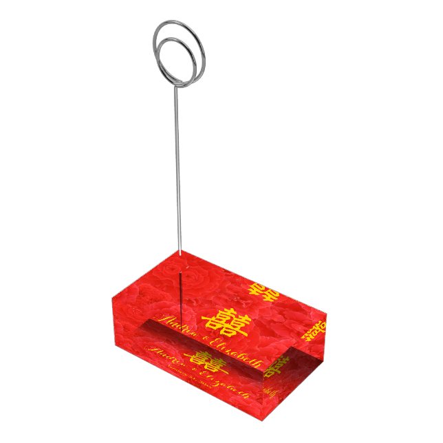 Festive Double Happiness Red Rose Blossoms Bouquet Place Card Holder (Corner)