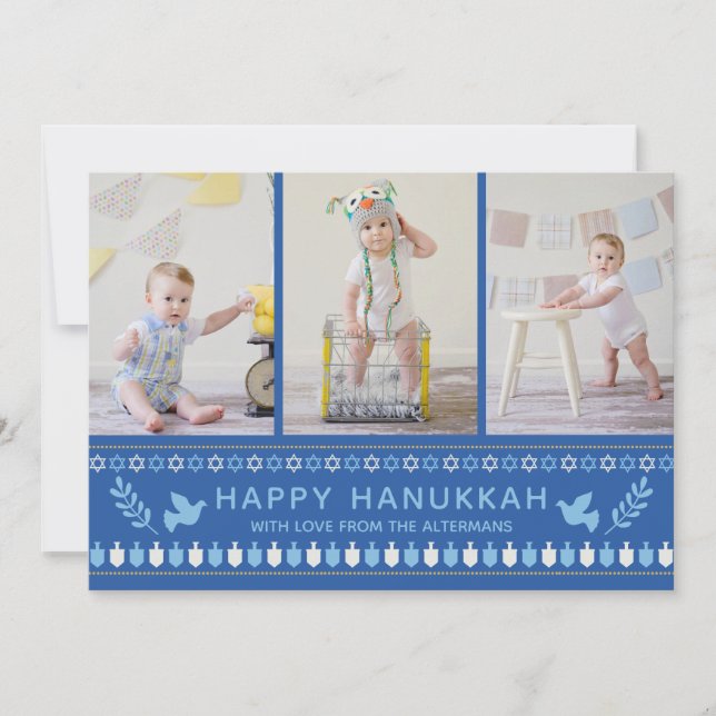 Festive Dreidel Icons Hanukkah Holiday Blue Gold Card (Front)
