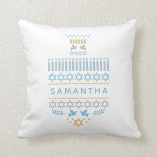 Festive Dreidel Icons Hanukkah Holiday White Gold Throw Pillow