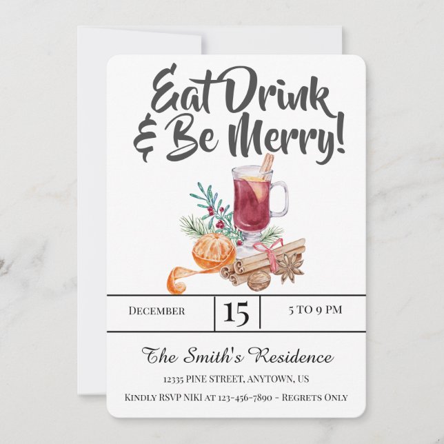 Festive Drinks Party Eat Drink & Be Merry! Invitation (Front)