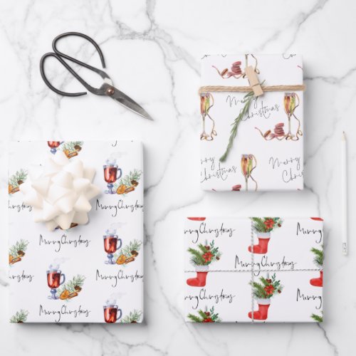 Festive Drinks Stocking Merry Christmas Script Wrapping Paper Sheets