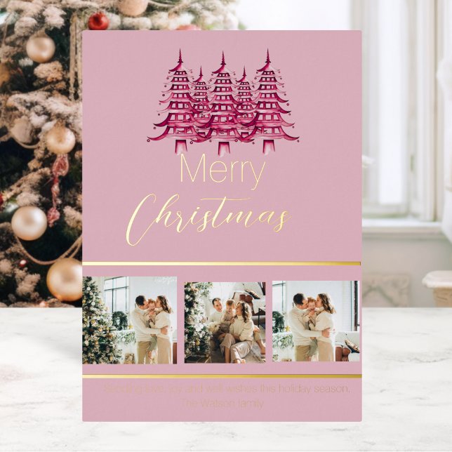 Festive Dusty pink red Christmas Pagoda Tree  Foil Holiday Card (Festive Dusty pink red Christmas Pagoda Tree Foil Foil Holiday Card)
