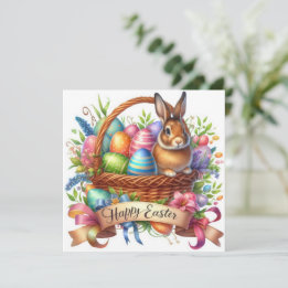 Festive Easter Basket Bunny Illustration Holiday Card
