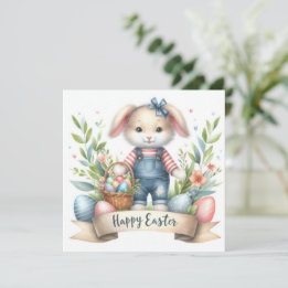Festive Easter Basket Bunny Overalls Illustration Holiday Card