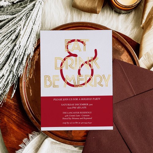 Festive Eat Drink  Be Merry Christmas Party Gold Foil Holiday Card