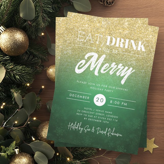 Festive Eat & Drink Gold Green Holiday Christmas  Invitation (Festive Eat & Drink Gold Green Holiday Christmas Invitation)