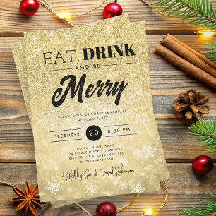Festive "Eat & Drink" Gold Holiday Christmas Party Invitation