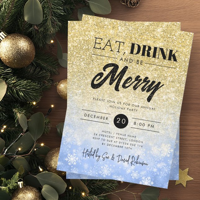 Festive Eat & Drink Gold Navy Holiday Christmas  Invitation (Festive Eat & Drink Gold Navy Holiday Christmas Invitation)