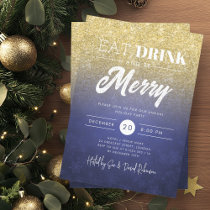 Festive Eat & Drink Gold Navy Holiday Xmas Party Invitation