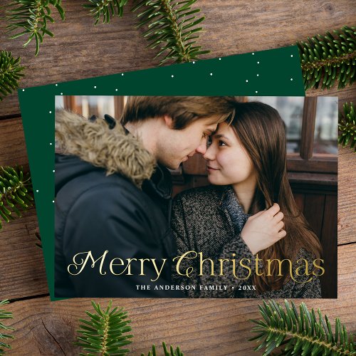 Festive Elegance Merry Christmas Green Photo Foil Holiday Card