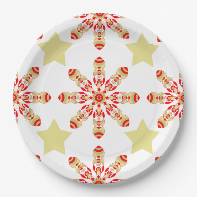 Festive elegance: red and gold starry pattern paper plates (Front)