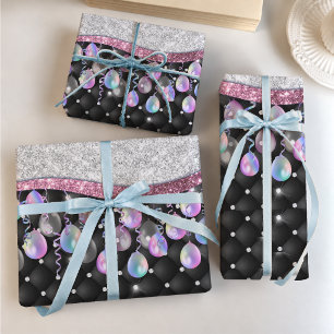 Festive Elegant Black Faux Glitter Balloons Wrapping Paper Sheets