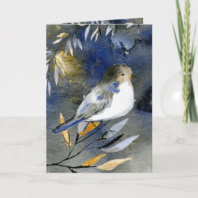 Festive Elegant Chickadee Bird Watercolor Holiday Card (Front)
