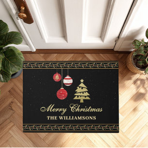 Festive Elegant Christmas Holiday Ornaments Name Doormat