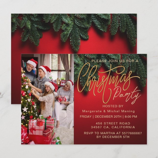 Festive Elegant Christmas PARTY Red photo Invitation (Front/Back)