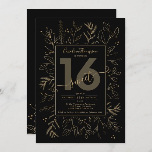 Festive elegant gold floral branch black Sweet 16 Invitation