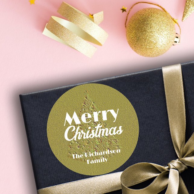 Festive Elegant Golden Embossed Christmas Tree Classic Round Sticker (Creator Uploaded)