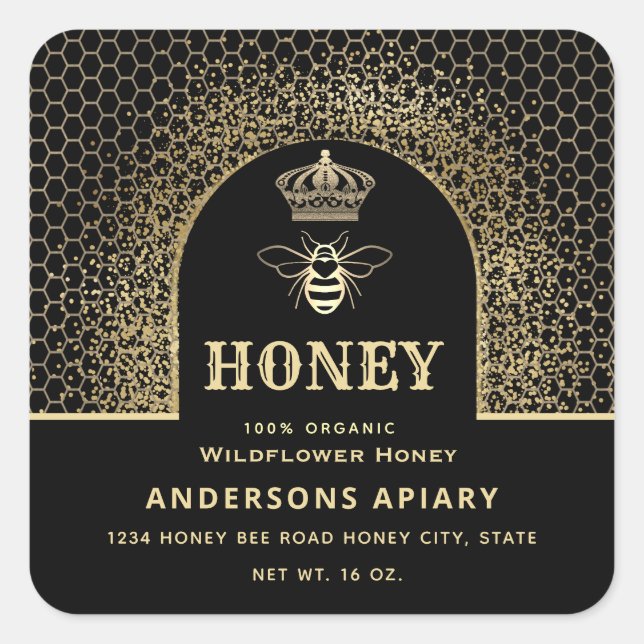Festive elegant Modern gold queen bee honey jar Square Sticker (Front)