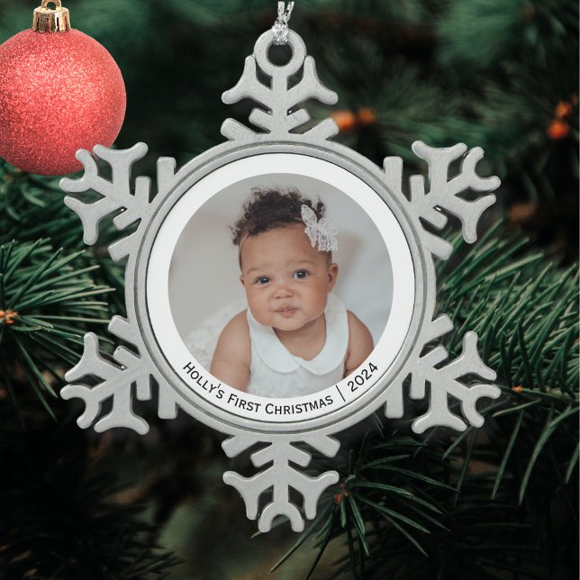 Festive Elegant Photo Baby's First Christmas Snowflake Pewter Christmas Ornament (A pretty Christmas decoration for Baby's First Christmas to personalize with a photo, name and year)
