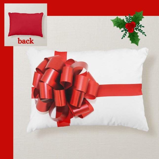 Festive Elegant Red Christmas Bow on White Glam Accent Pillow (A festive red bow pillow to adorn your home at the holidays!)