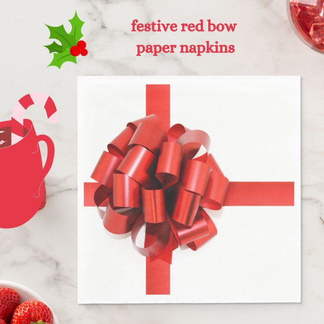 Festive Elegant Red Christmas Bow on White Glam Napkins (Festive red bow paper napkins to adorn your holiday table)