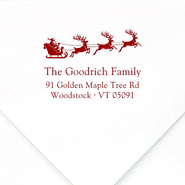Festive Elegant Santa's Sleigh Return Address Rubber Stamp (Elegant, festive Santa's reindeer sleigh wooden Christmas return address stamp, classic typography.)
