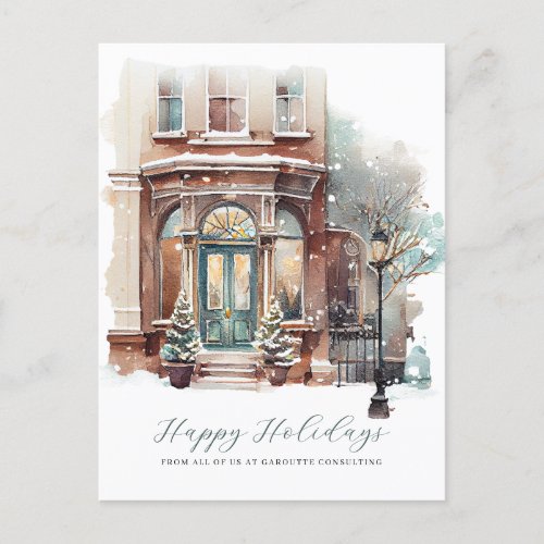 Festive Elegant Watercolor Storefront Business Holiday Postcard