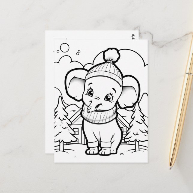 Festive elephant kids coloring   postcard (Front/Back In Situ)