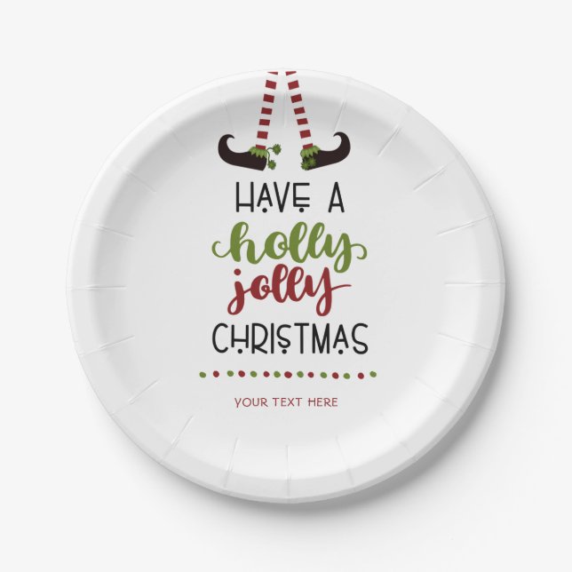Festive Elf Holly Jolly Christmas Personalized Paper Plates (Front)