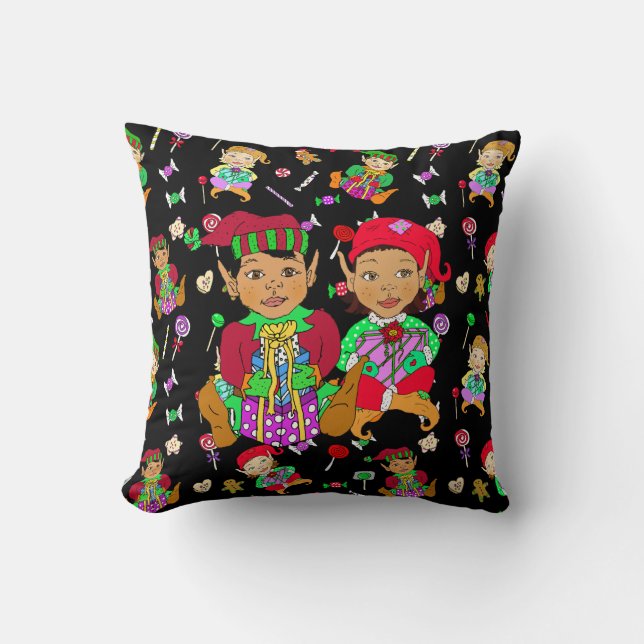 Festive  Elves and Christmas Candy Whimsical Throw Pillow (Front)