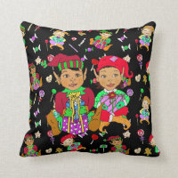 Festive  Elves and Christmas Candy Whimsical Throw Pillow